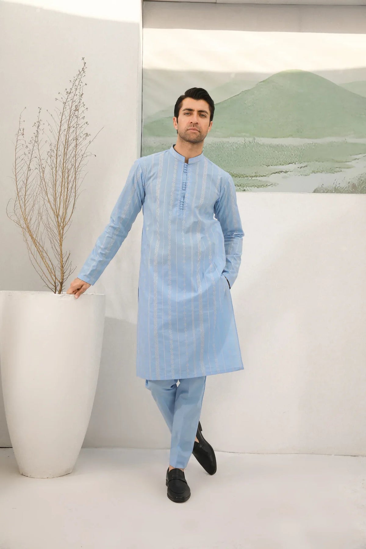 Sky Blue Cotton Embroidered Kurta Trouser - Men