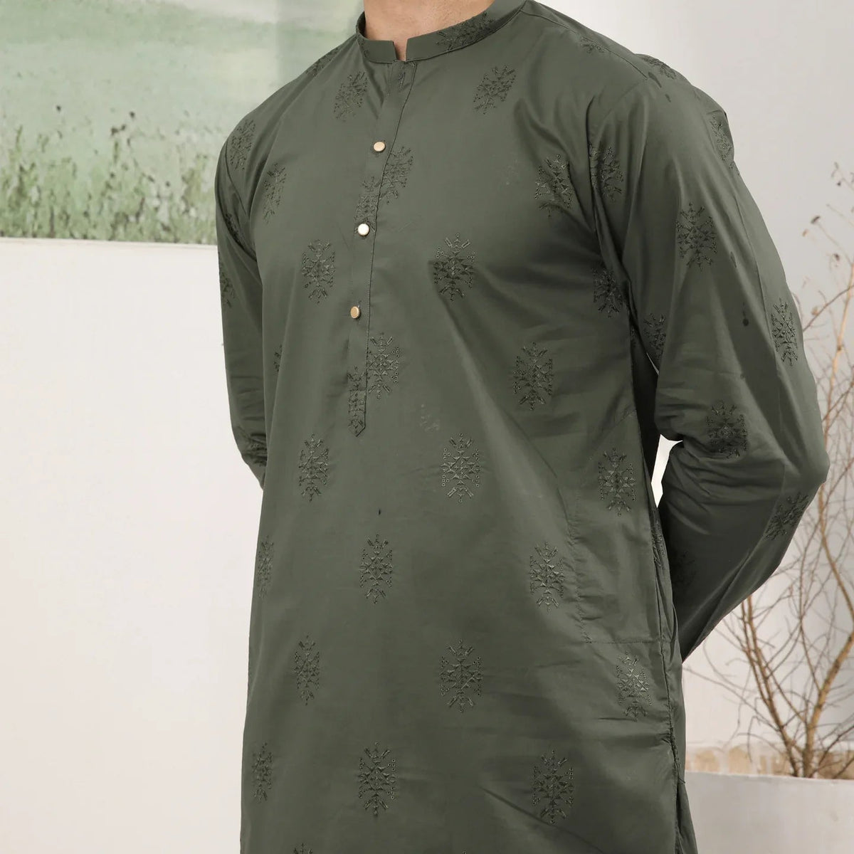 Army Green Cotton Embroidered Kurta Trouser - Men