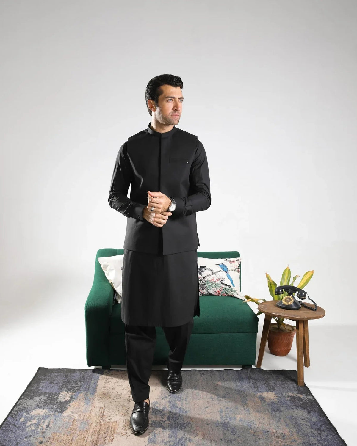 Black Soft Cotton Kurta Shalwar with Waistcoat - Men
