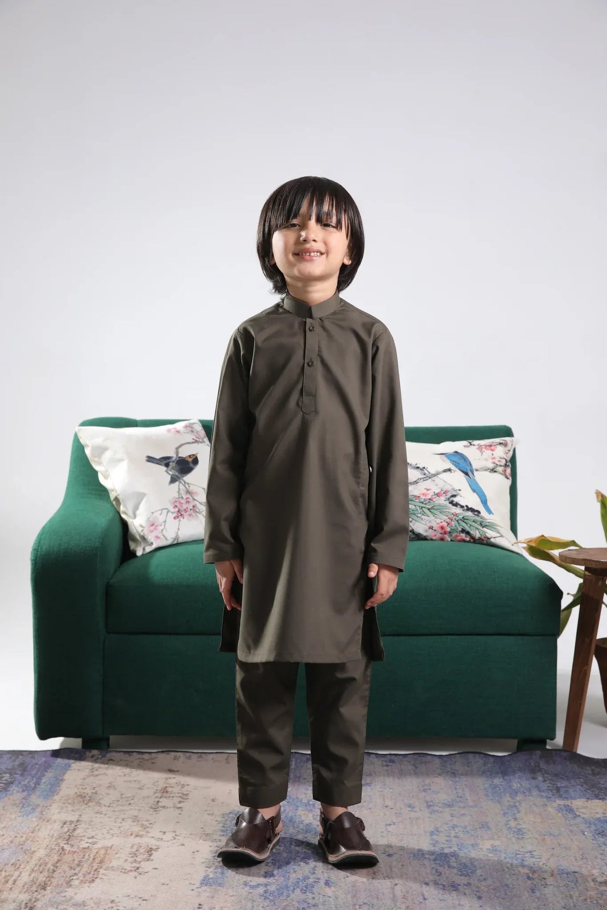 Olive Green Blended Kurta Trouser - Kids