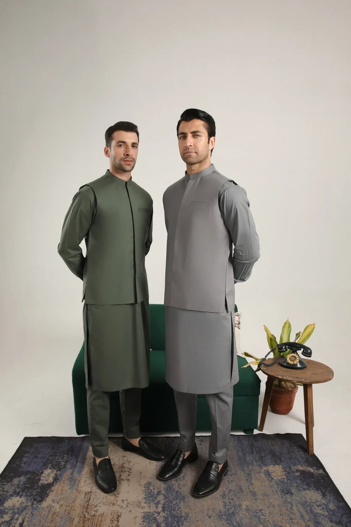 Army Green Soft Cotton Kurta Trouser with Waistcoat - Men