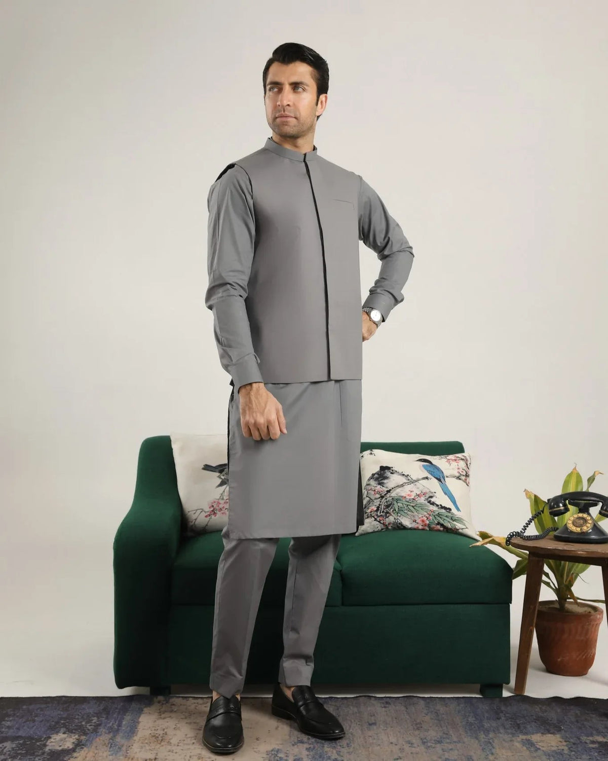 Light Grey Soft Cotton Kurta Trouser with Waistcoat - Men