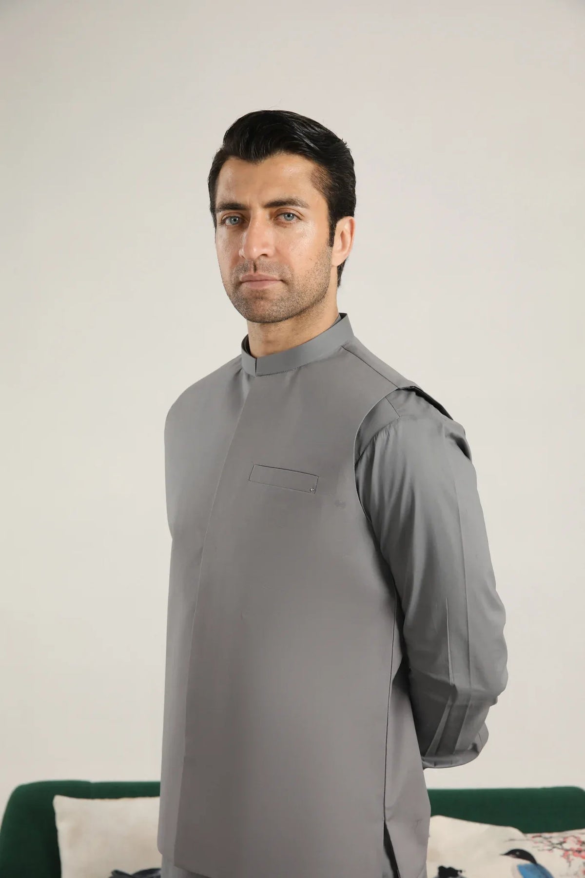 Light Grey Soft Cotton Kurta Trouser with Waistcoat - Men