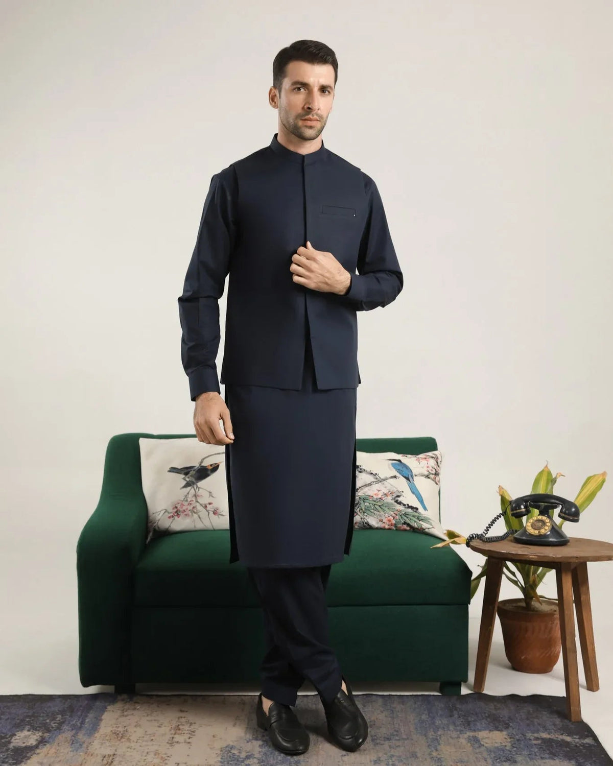 Dark Navy Blue Soft Cotton Kurta Shalwar with Waistcoat - Men