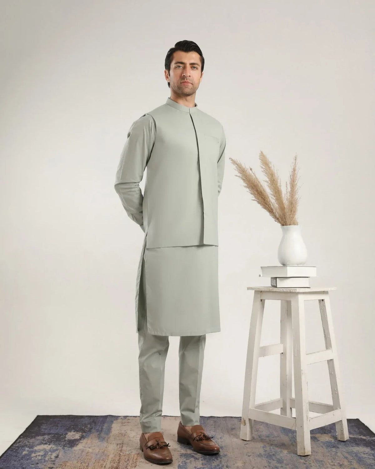 Light Mint Soft Cotton Kurta Trouser with Waistcoat - Men
