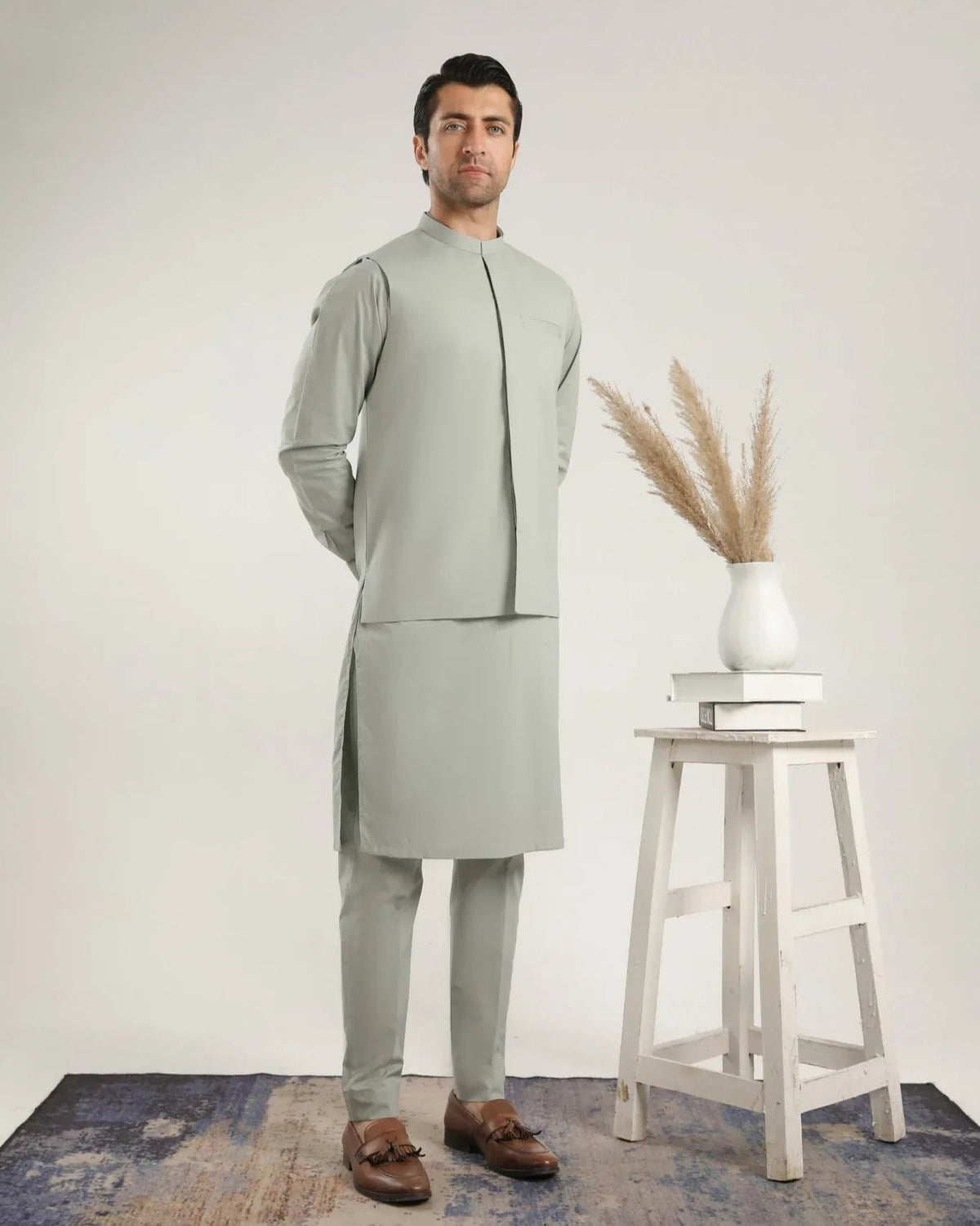 Light Mint Soft Cotton Kurta Trouser with Waistcoat - Men