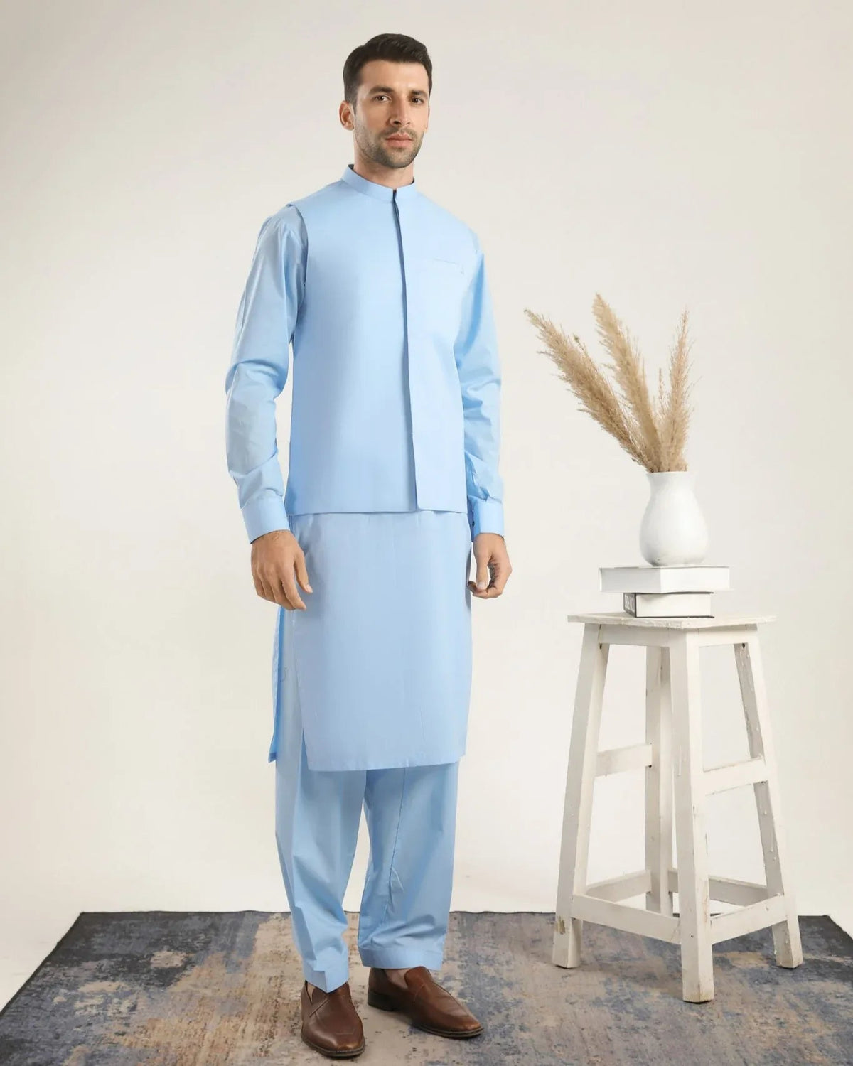 Sky Blue Soft Cotton Kurta Shalwar with Waistcoat - Men