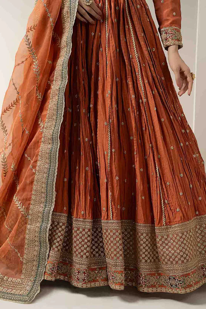 Maria B | Pre Fall Dresses | 3 Piece Embroidered Raw Silk Suit Rust