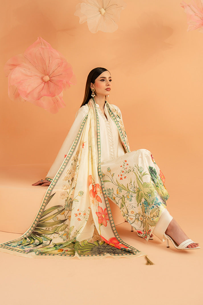 Imrozia Premium | Amelia Printed Silk | SP-153 Ivory Botanica