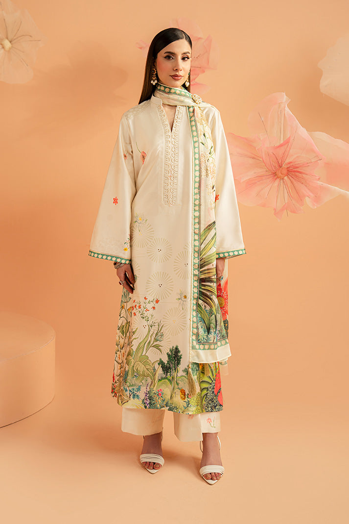 Imrozia Premium | Amelia Printed Silk | SP-153 Ivory Botanica