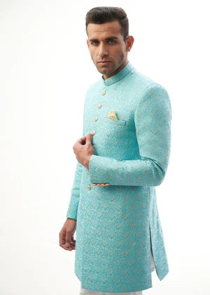 Sky blue Rawsilk all embroidered sherwani - House Of Arsalan Iqbal