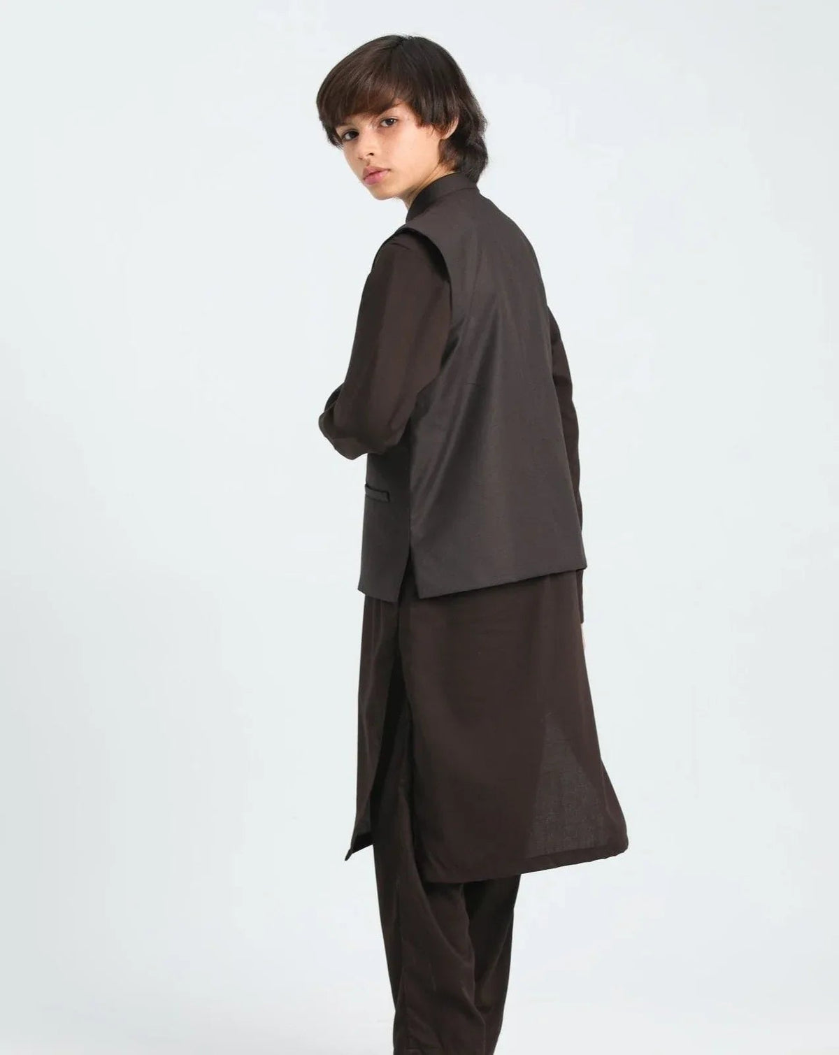 Dark Brown Kurta Trouser with Suiting Waistcoat - Kids