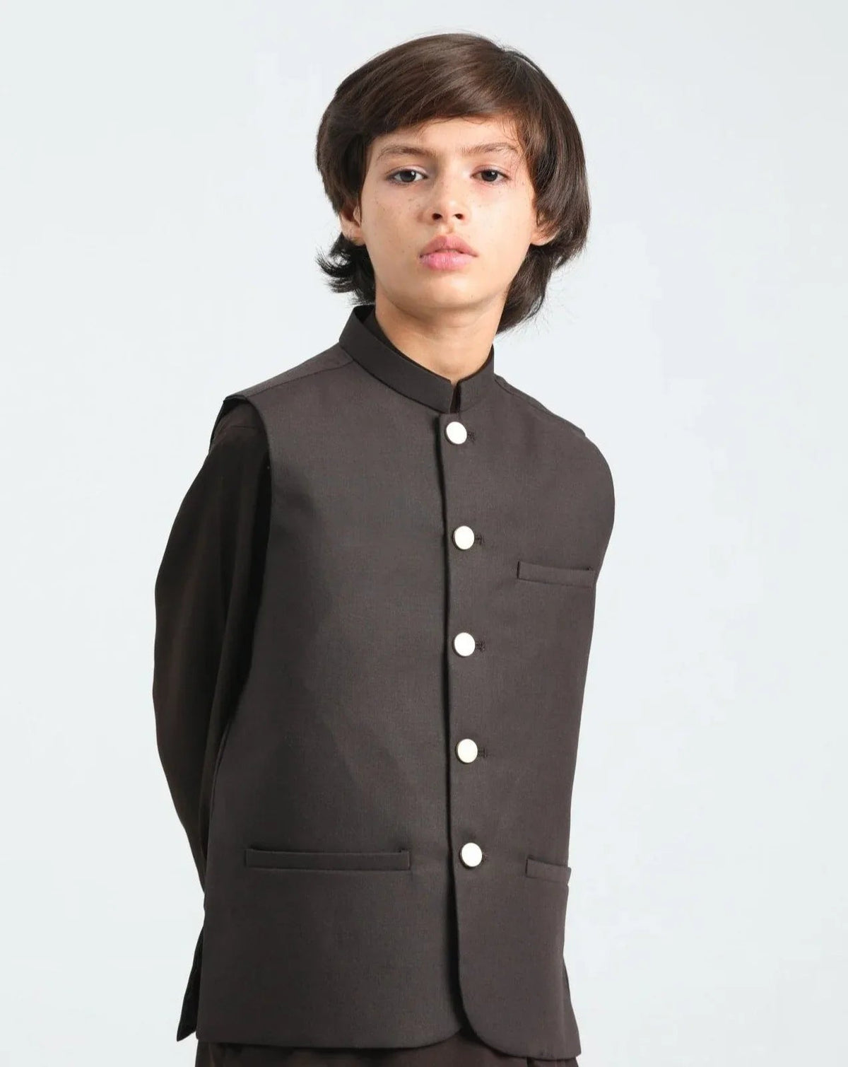 Dark Brown Kurta Trouser with Suiting Waistcoat - Kids