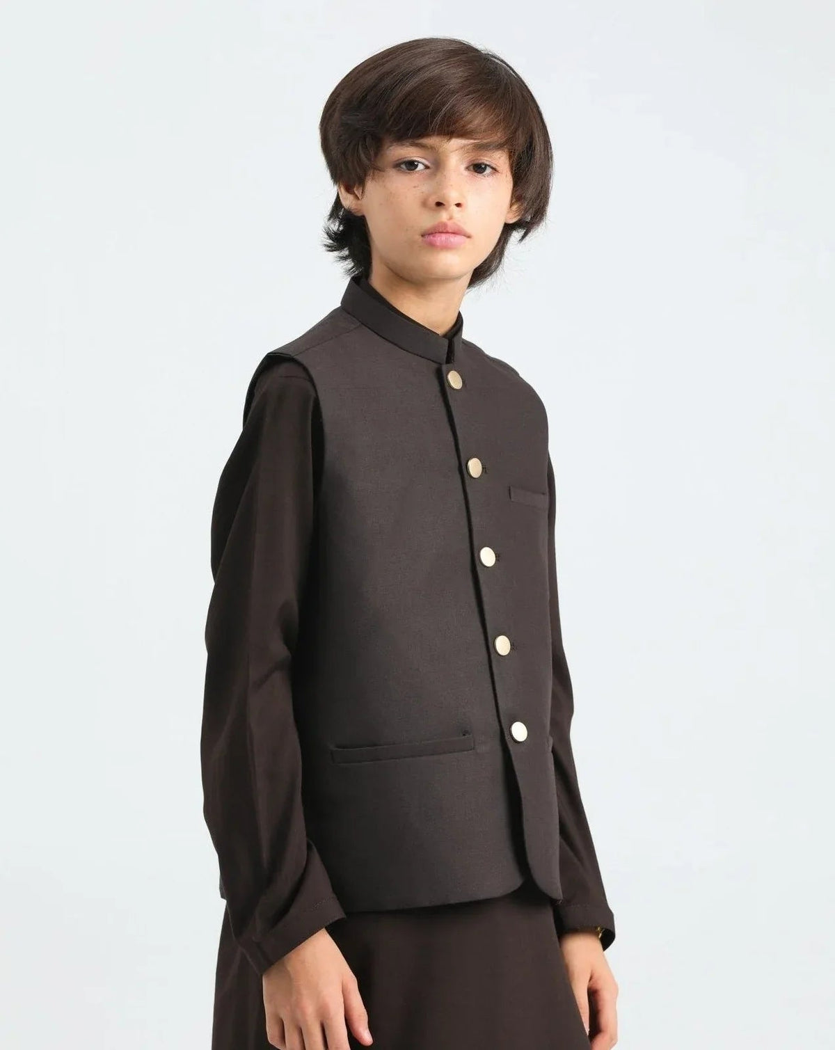 Dark Brown Kurta Trouser with Suiting Waistcoat - Kids