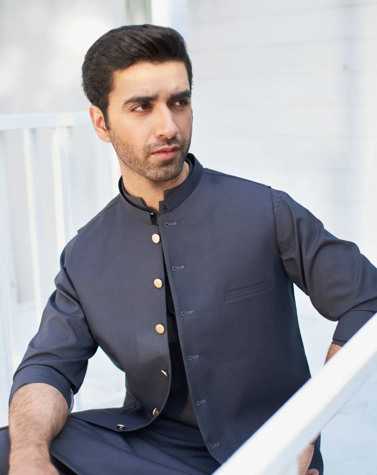 Charcoal Grey Kurta Trouser with Suiting Waistcoat - Round Cut - Men