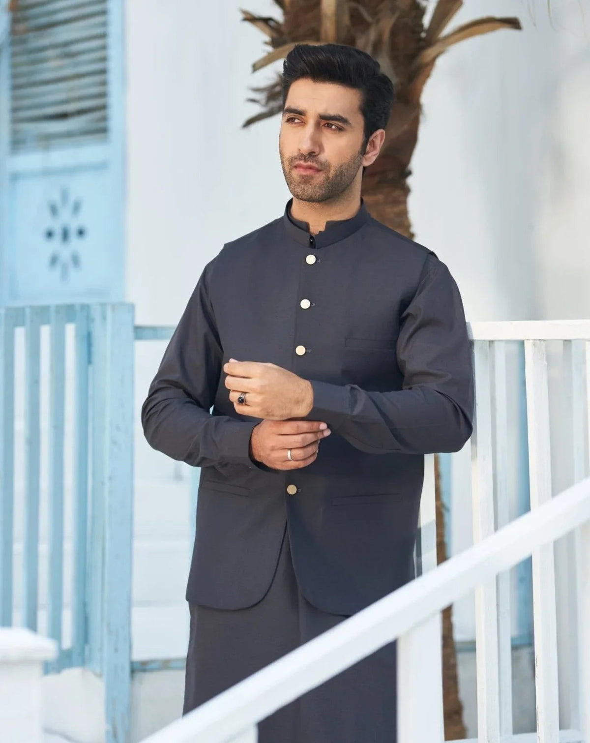 Charcoal Grey Kurta Trouser with Suiting Waistcoat - Round Cut - Men