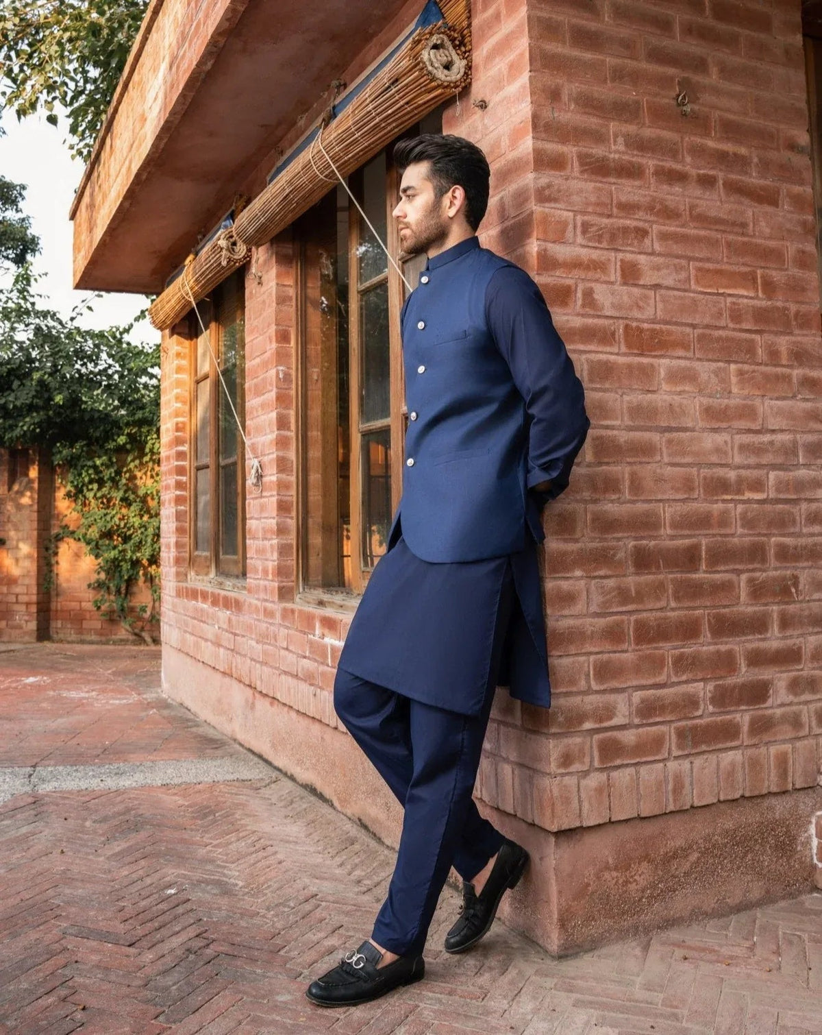 Navy Blue Kurta Trouser with Suiting Waistcoat - Round Cut - Men