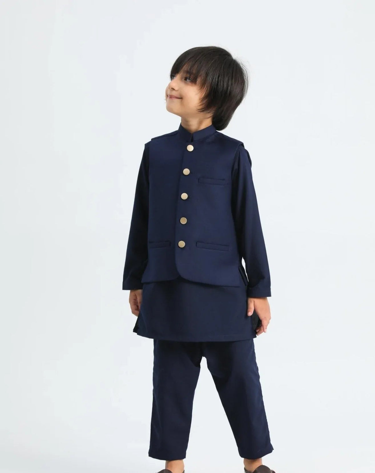 Navy Blue Kurta Trouser with Suiting Waistcoat - Kids
