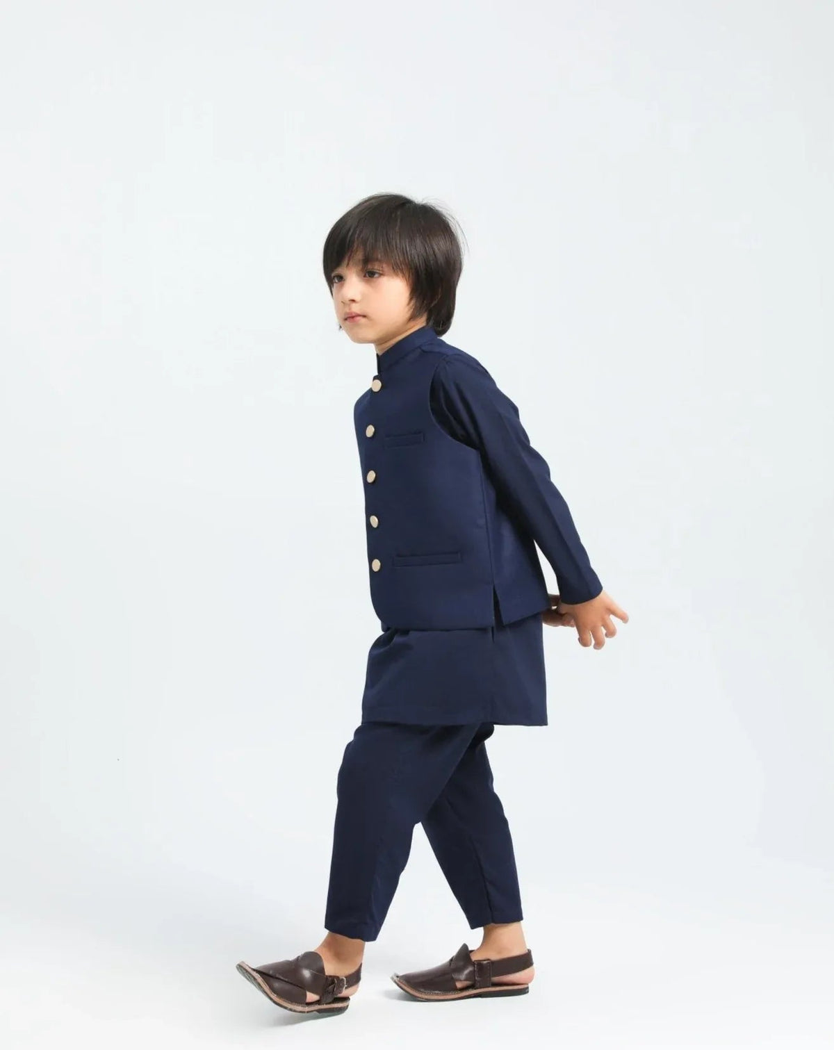 Navy Blue Kurta Trouser with Suiting Waistcoat - Kids