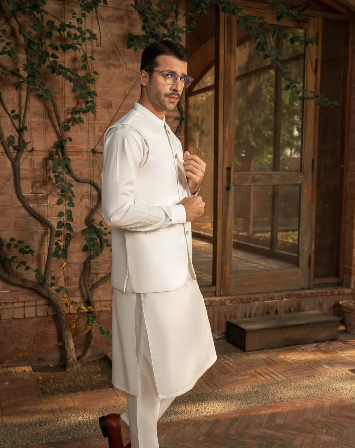 Off White Kameez Shalwar with Suiting Waistcoat - Round Cut - Men