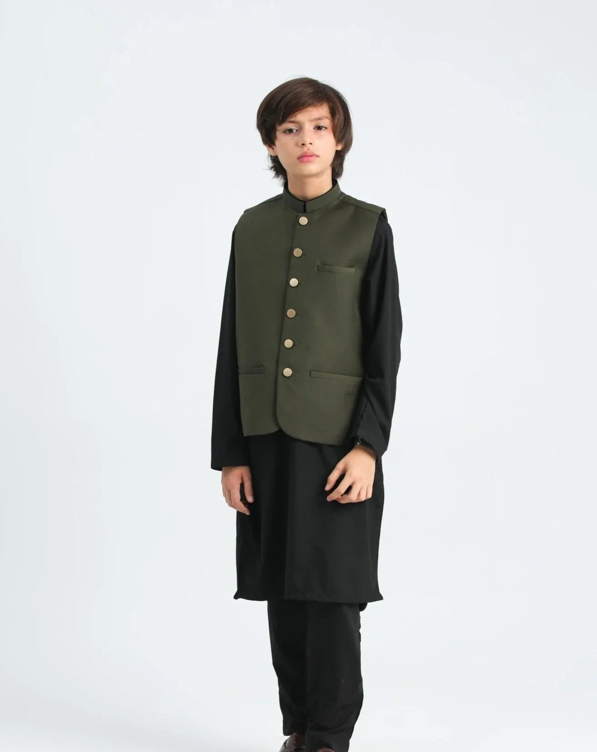 Black Kurta Trouser with Army Green Suiting Waistcoat - Kids