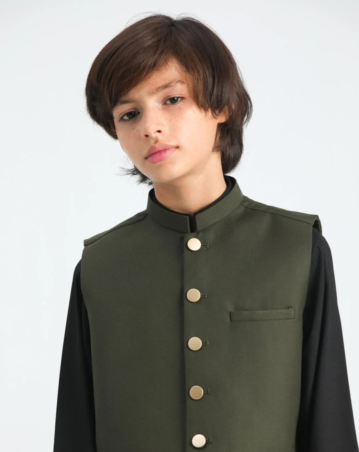 Black Kurta Trouser with Army Green Suiting Waistcoat - Kids
