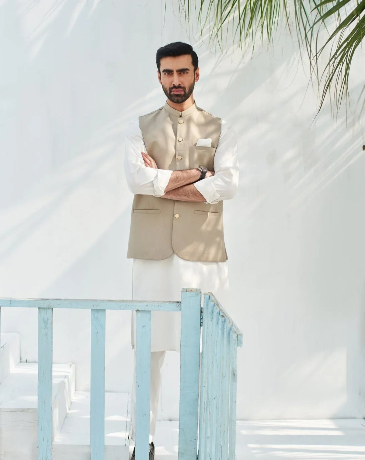 Off White Kurta Trouser with Beige Suiting Waistcoat - Round Cut - Men
