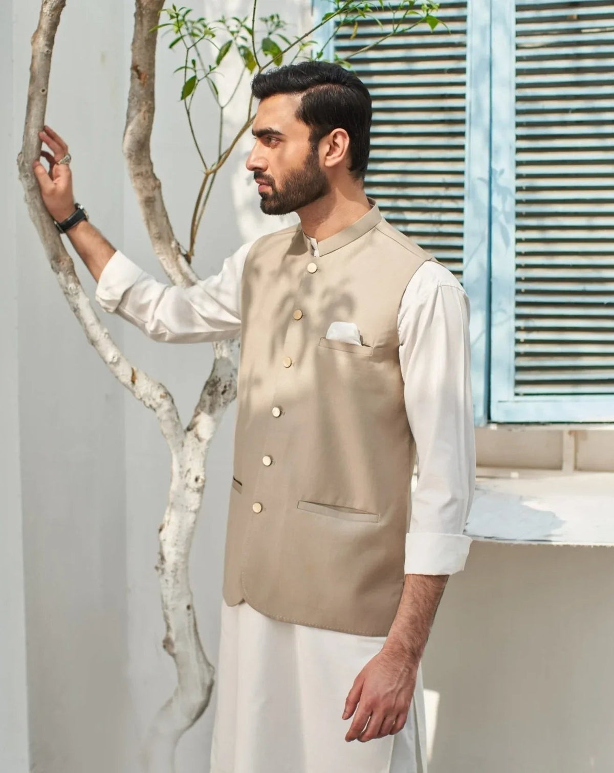 Off White Kurta Trouser with Beige Suiting Waistcoat - Round Cut - Men