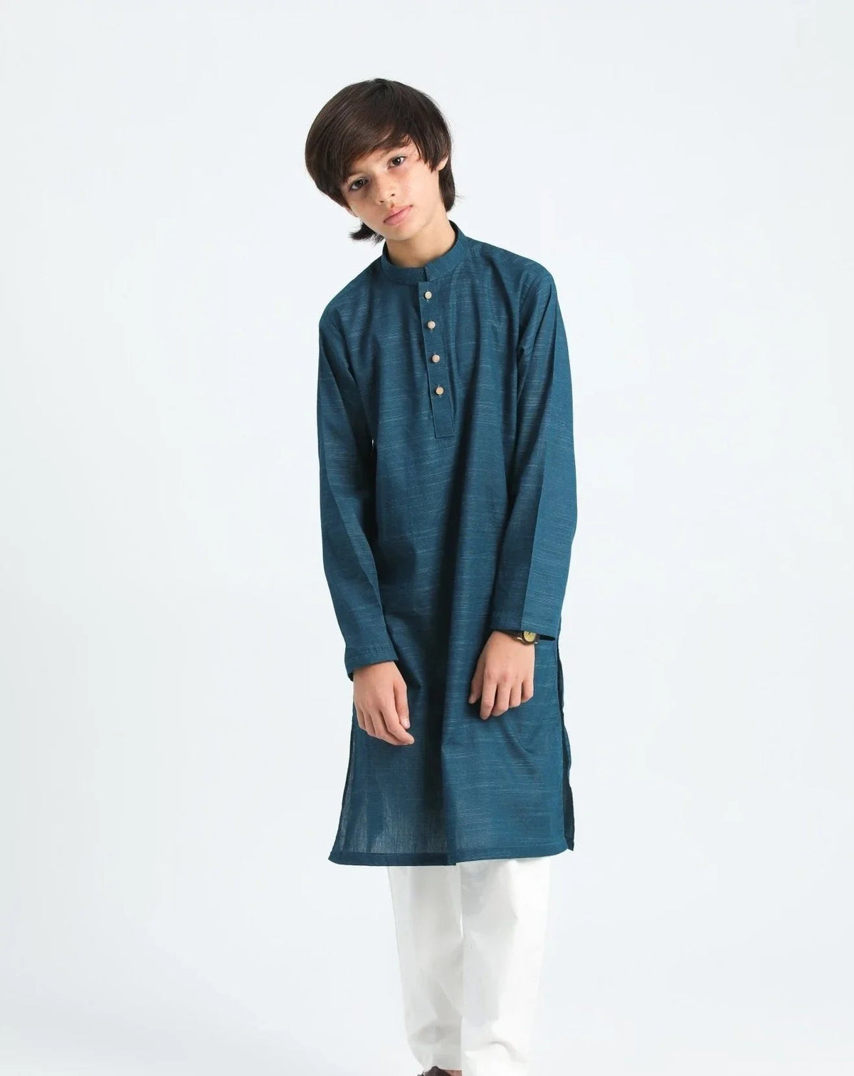 Blue Textured Cotton Kurta Trouser - Kids