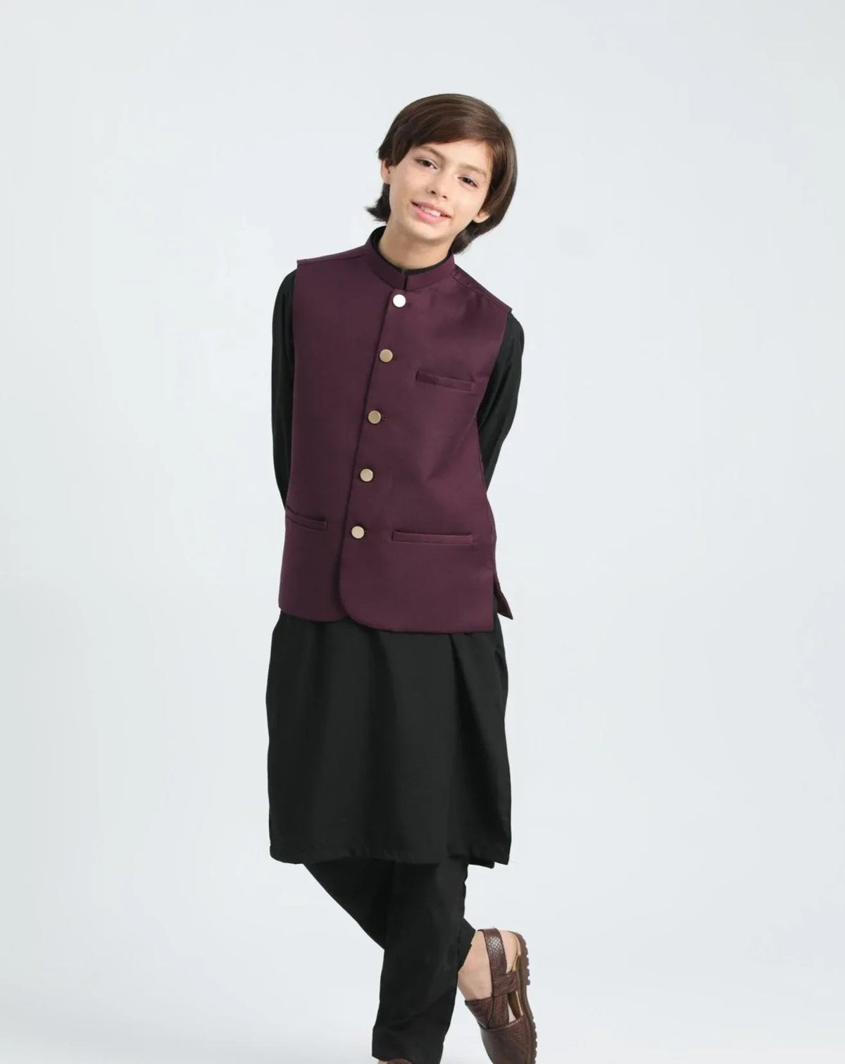 Black Kurta Trouser with Burgundy Suiting Waistcoat - Kids