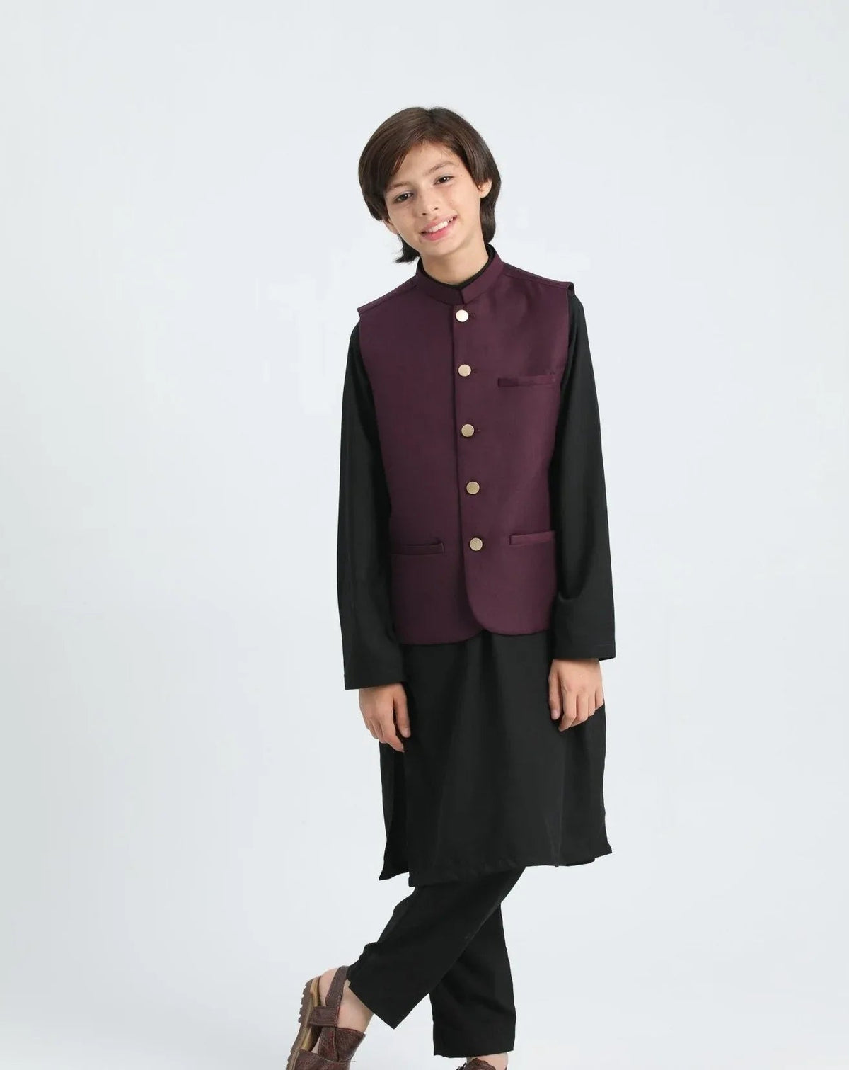 Black Kurta Trouser with Burgundy Suiting Waistcoat - Kids