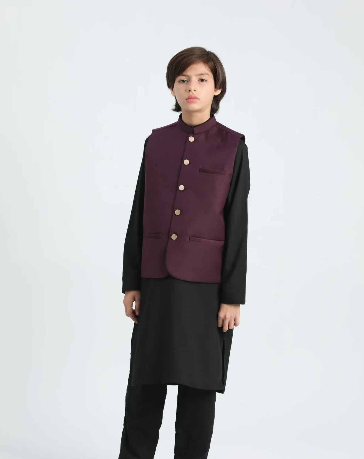 Black Kurta Trouser with Burgundy Suiting Waistcoat - Kids