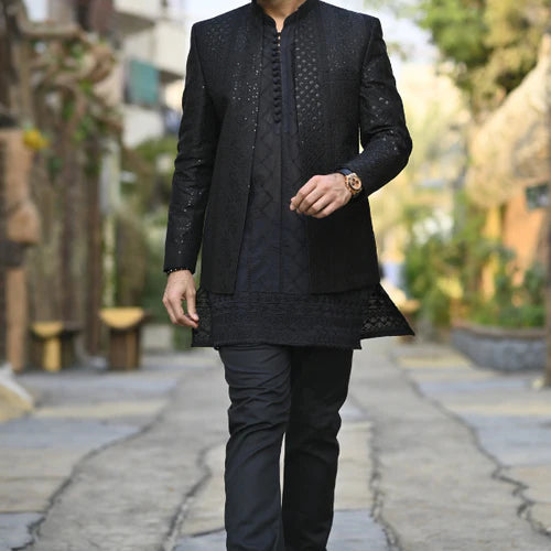 Black Embroidered Front Open Princecoat For Wedding - HK Fashion