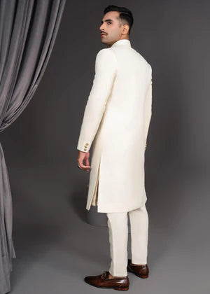 Ivory Self Texture Simple Sherwani - Dress Designers