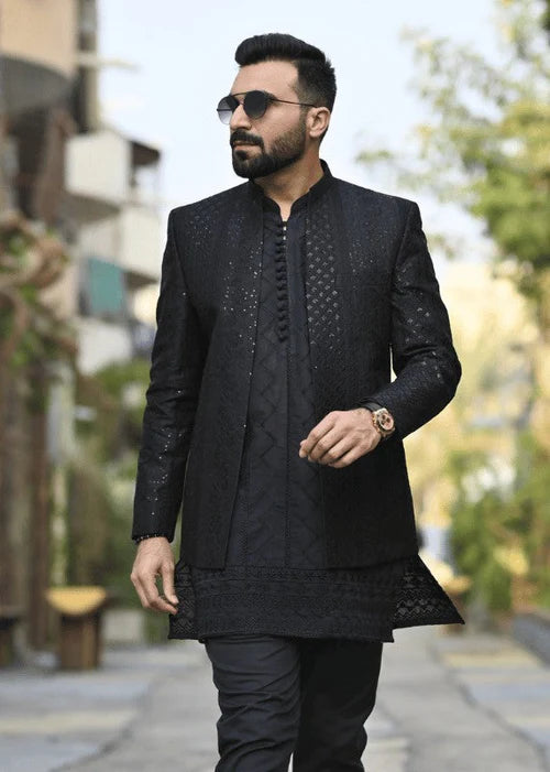 Black Embroidered Front Open Princecoat For Wedding - HK Fashion