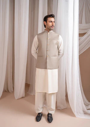 Bosky White Kurta Shalwar with Beige Suiting Waistcoat - Straight Cut - 3PC - Muraqsh