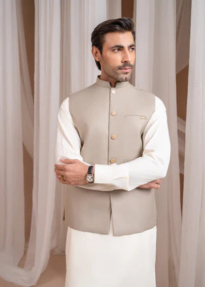Bosky White Kurta Shalwar with Beige Suiting Waistcoat - Straight Cut - 3PC - Muraqsh