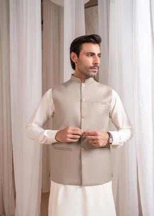 Bosky White Kurta Shalwar with Beige Suiting Waistcoat - Straight Cut - 3PC - Muraqsh