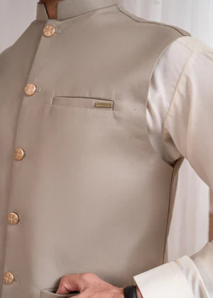 Bosky White Kurta Shalwar with Beige Suiting Waistcoat - Straight Cut - 3PC - Muraqsh