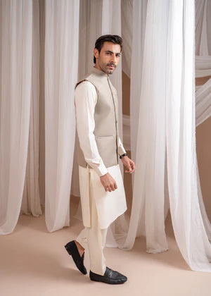 Bosky White Kurta Shalwar with Beige Suiting Waistcoat - Straight Cut - 3PC - Muraqsh
