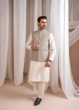 Bosky White Kurta Shalwar with Beige Suiting Waistcoat - Straight Cut - 3PC - Muraqsh