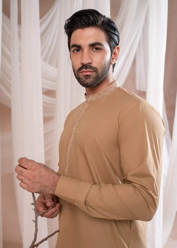 Formal Camel Kurta Shalwar - Collar Neck Embroidered - Men - Muraqsh
