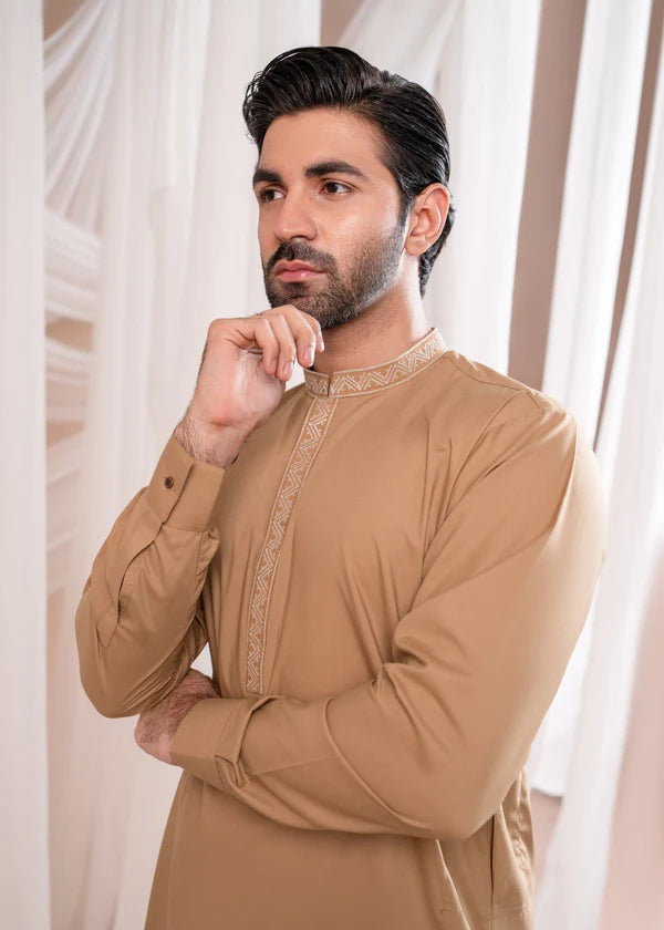 Formal Camel Kurta Shalwar - Collar Neck Embroidered - Men - Muraqsh
