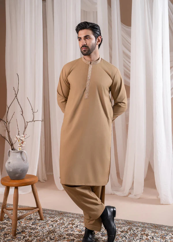 Formal Camel Kurta Shalwar - Collar Neck Embroidered - Men - Muraqsh