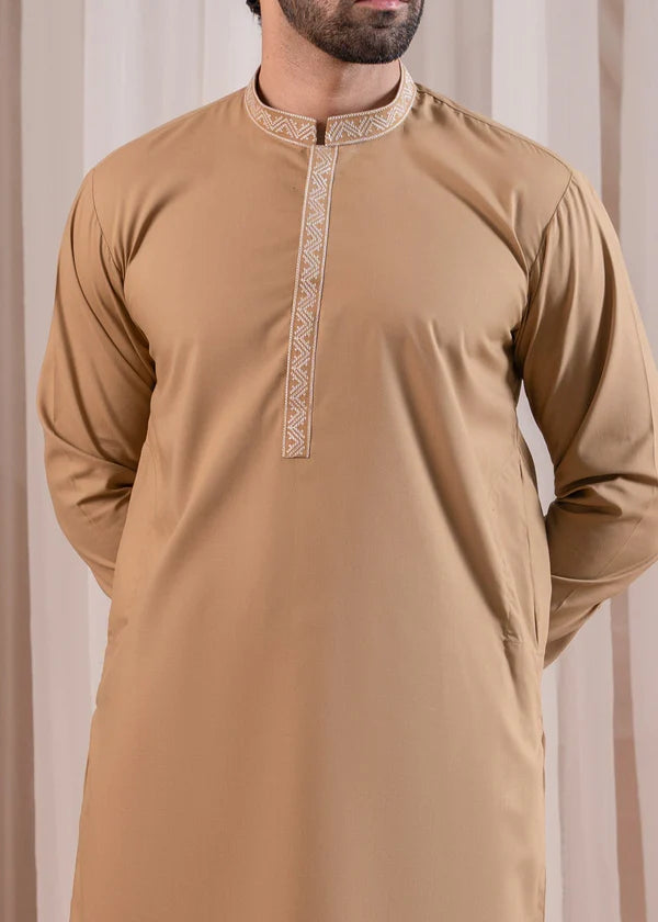 Formal Camel Kurta Shalwar - Collar Neck Embroidered - Men - Muraqsh