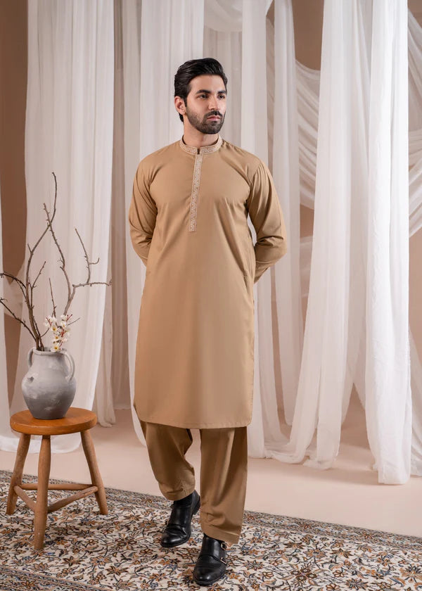 Formal Camel Kurta Shalwar - Collar Neck Embroidered - Men - Muraqsh