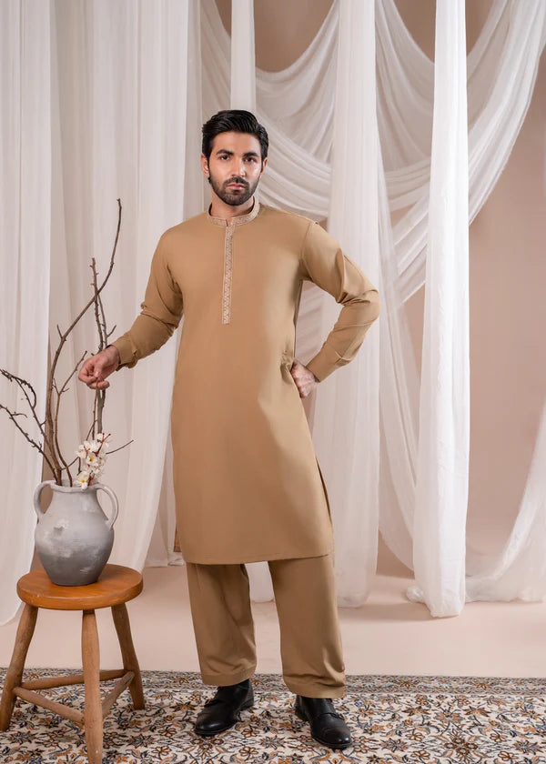 Formal Camel Kurta Shalwar - Collar Neck Embroidered - Men - Muraqsh