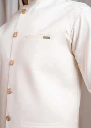 Bosky White Formal Kameez Shalwar with Blended Waistcoat - Straight Cut Buttoned- 3PC - Muraqsh
