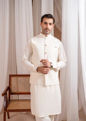 Bosky White Formal Kameez Shalwar with Blended Waistcoat - Straight Cut Buttoned- 3PC - Muraqsh