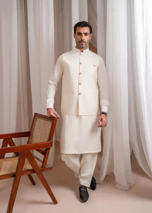 Bosky White Formal Kameez Shalwar with Blended Waistcoat - Straight Cut Buttoned- 3PC - Muraqsh